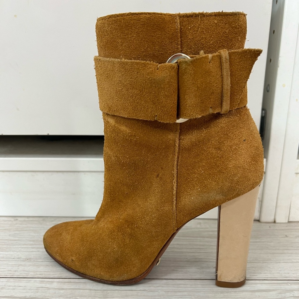 Namil Bootie in Brandy Schutz Leather suede brown buckle ankle boots